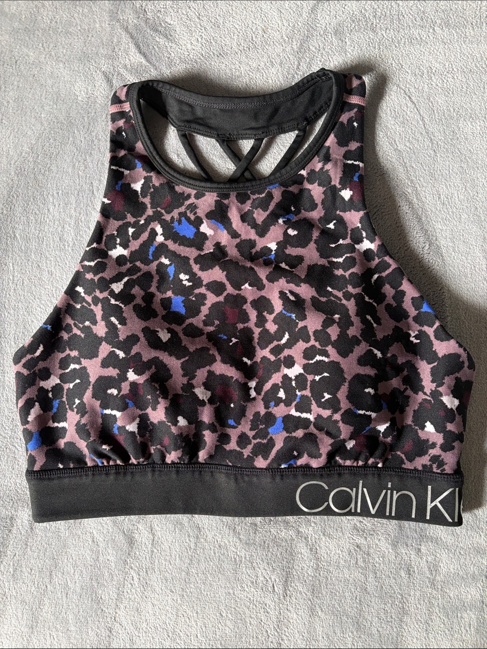 Calvin Klein Performance Sports Bra, Black and Mauve Leopard print.